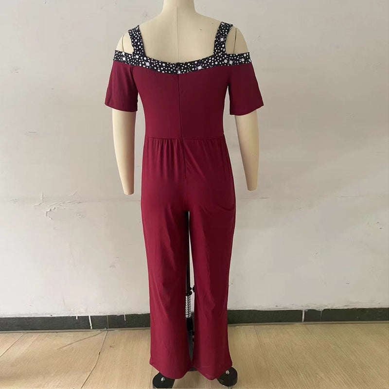 Plus Size Women's Solid Color V-Neck Jumpsuit With Rhinestone Detail - Wide Leg Romper For Spring&Summer